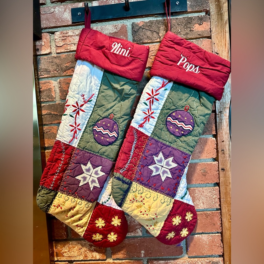 Vintage Pottery Barn Festive Holiday Stockings Set - Red, Green, Purple